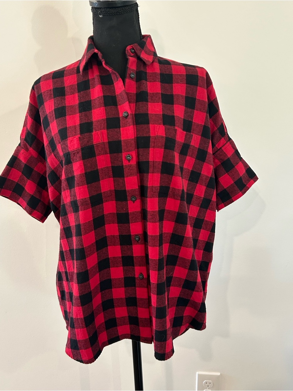 Madewell XS Red Black Buffalo Plaid Short Sleeve Button down Shirt COTTON. NWT.